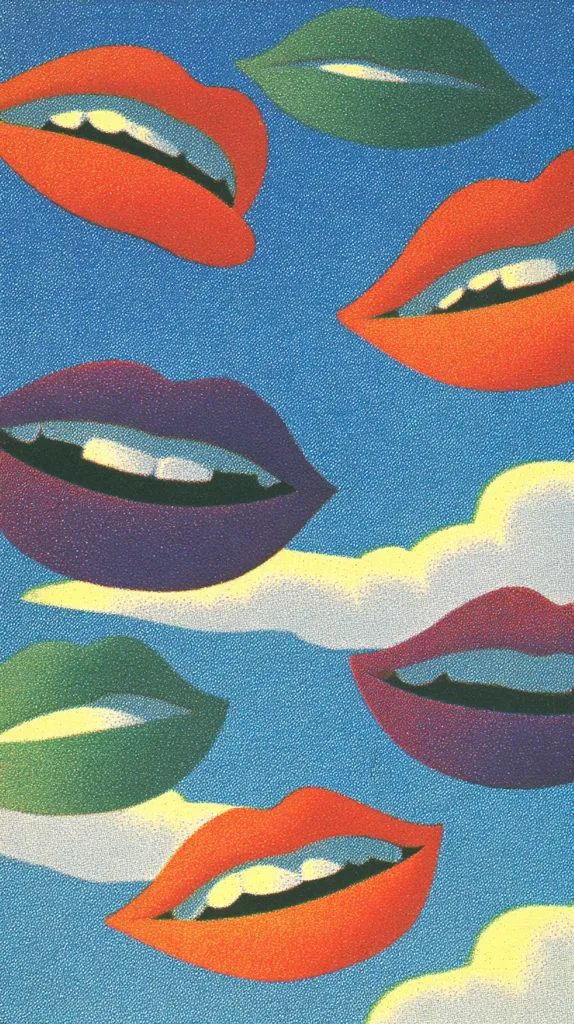 A vibrant abstract artwork features numerous stylized lips in various colors—orange, purple, and green—against a textured blue background.  The lips are depicted in a playful, almost floating arrangement, interspersed with cloud-like shapes. The bold colors and graphic style create a striking and dynamic composition. The overall effect is cheerful and slightly surreal.