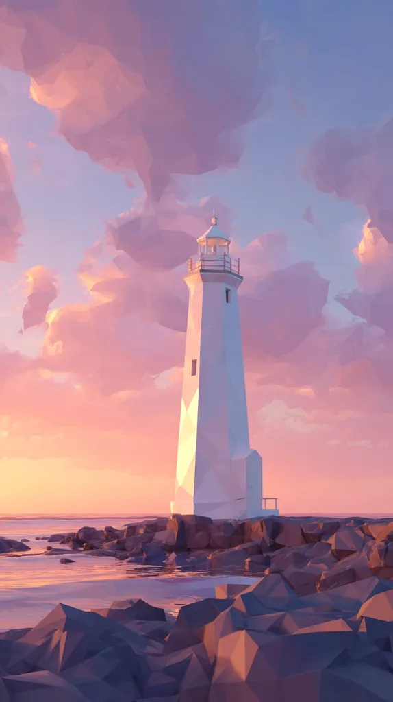 A stylized illustration depicts a solitary lighthouse standing on a rocky coastline at sunset.  The sky is a soft blend of pastel pinks and purples, with clouds rendered in a low-polygonal style, mirroring the lighthouse's geometric design.  The calm water reflects the warm hues of the twilight sky, creating a serene and peaceful atmosphere. The overall aesthetic is minimalist and dreamy.