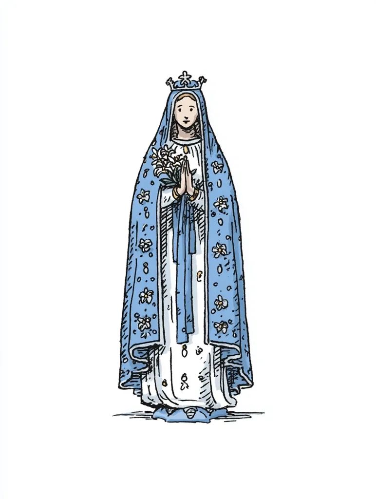 A hand-drawn illustration depicts Our Lady of Fatima, a Marian apparition.  She is shown in a flowing blue robe adorned with white flowers, a crown atop her head, and her hands clasped in prayer.  She holds a bouquet of lilies. The style is reminiscent of vintage religious artwork, with detailed linework and shading.