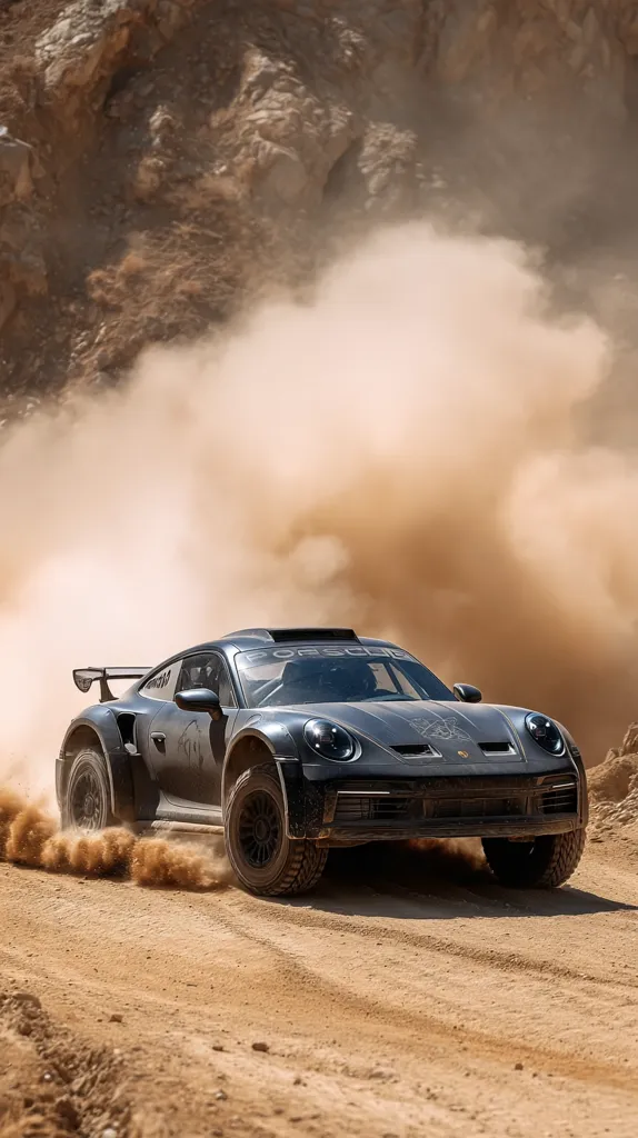 A dark gray Porsche rally car speeds across a dusty, sandy track.  A cloud of dust billows behind it, obscuring the background of rocky terrain. The car is modified for off-road racing, with large tires and a raised suspension.  The Porsche logo is visible on the car's body. The scene is dynamic and action-packed, capturing the thrill of off-road racing.