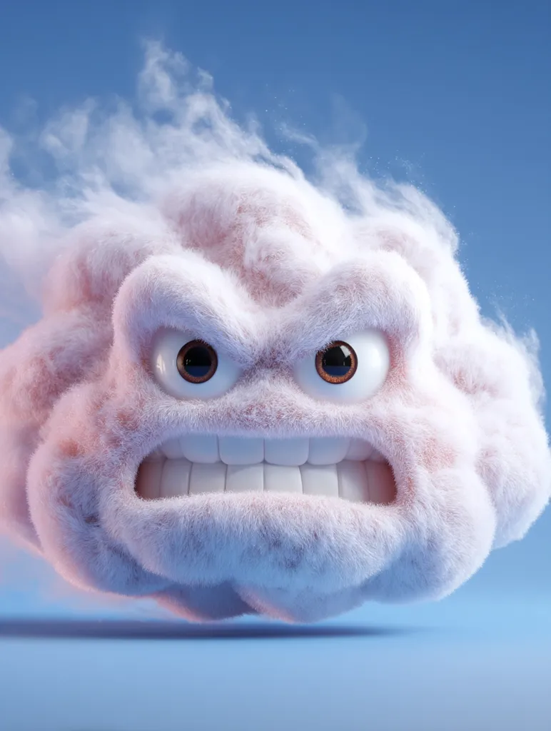 A fluffy, cartoonish cloud with an angry expression.  Its eyes are narrowed, and its mouth is set in a fierce grimace, revealing a set of prominent teeth. The cloud has a textured, almost furry appearance, and small wisps of cloud escape from its form against a pale blue background. The overall impression is one of comical displeasure or frustration.