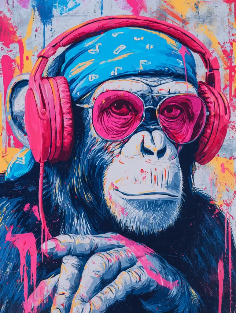 A vibrant, stylized painting of a chimpanzee wearing pink headphones, pink sunglasses, and a blue bandana. The monkey's expression is relaxed and cool, conveying a hip-hop vibe. The artwork is splashed with bright pink, blue, and yellow paint, creating a dynamic and energetic composition.  The overall style is bold and graphic, with heavy use of color and texture.