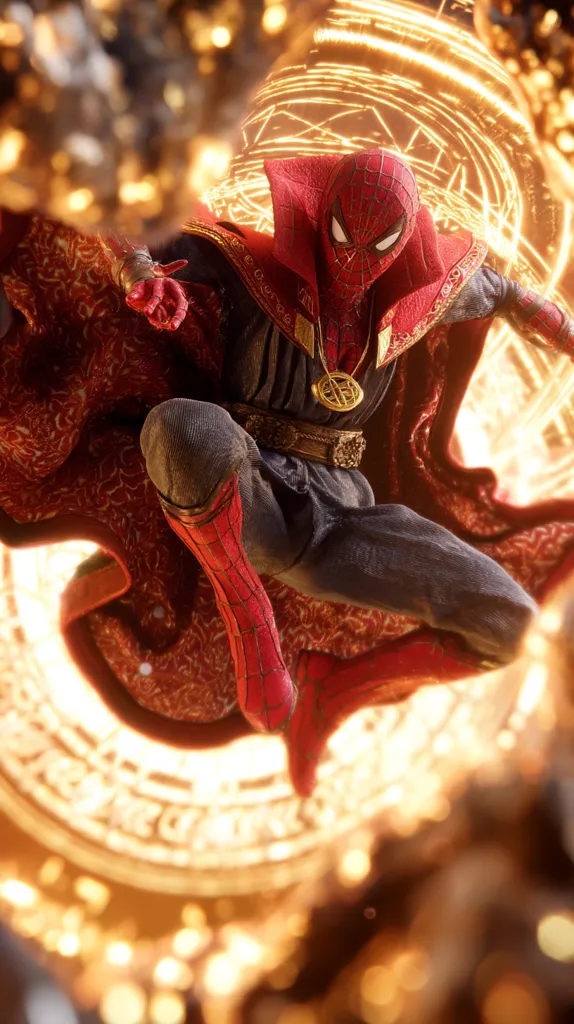 A dynamic image depicts Spider-Man, clad in Doctor Strange's crimson robe and adorned with the mystic's amulet.  He's mid-leap, his pose suggesting action and power.  The background features a swirling, golden magical circle, enhancing the mystical and superheroic atmosphere. The overall composition is striking and visually captivating.