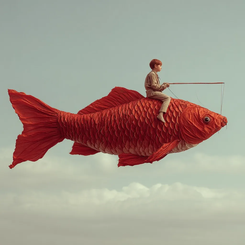 A young boy sits atop a giant, red, paper-mache fish that floats through a pale sky. He holds a long fishing rod, adding to the surreal nature of the scene.  The image evokes a sense of childhood wonder and imaginative flight, a whimsical journey on an unlikely steed. The muted color palette enhances the dreamlike quality.