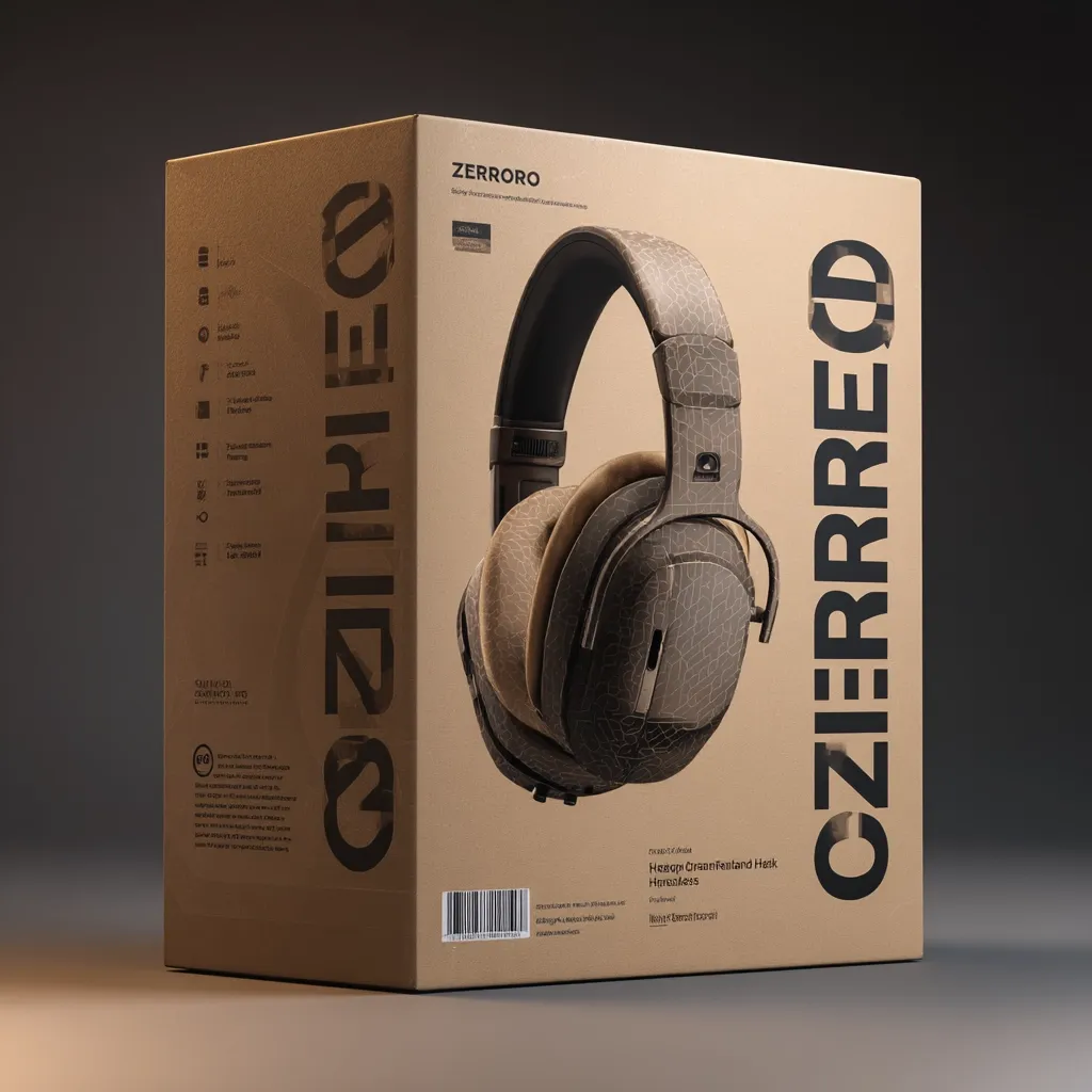 A product box for ZerrOro headphones is shown.  The box is light brown cardboard with the brand name prominently displayed.  The headphones, featuring a textured, cracked-leather-like finish in dark brown and beige, are depicted on the front.  Specifications and details are printed on the sides of the box. The overall design is minimalist and sophisticated.