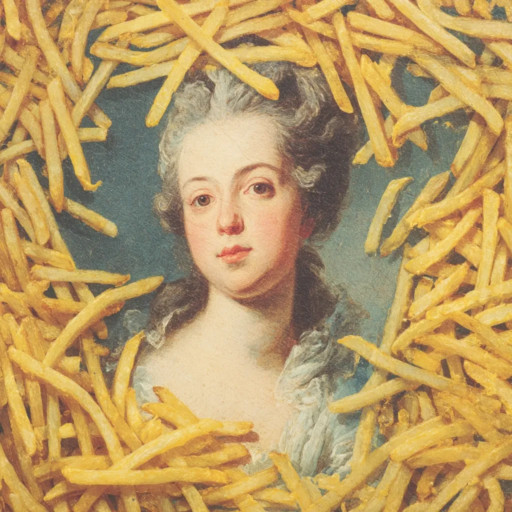 A Baroque-style portrait of a woman, possibly a noblewoman, is framed by a generous mound of golden french fries.  The juxtaposition of the elegant painting with the common fast food creates a humorous and unexpected contrast. The woman's powdered wig and ornate dress are partially obscured by the fries, adding to the playful composition.