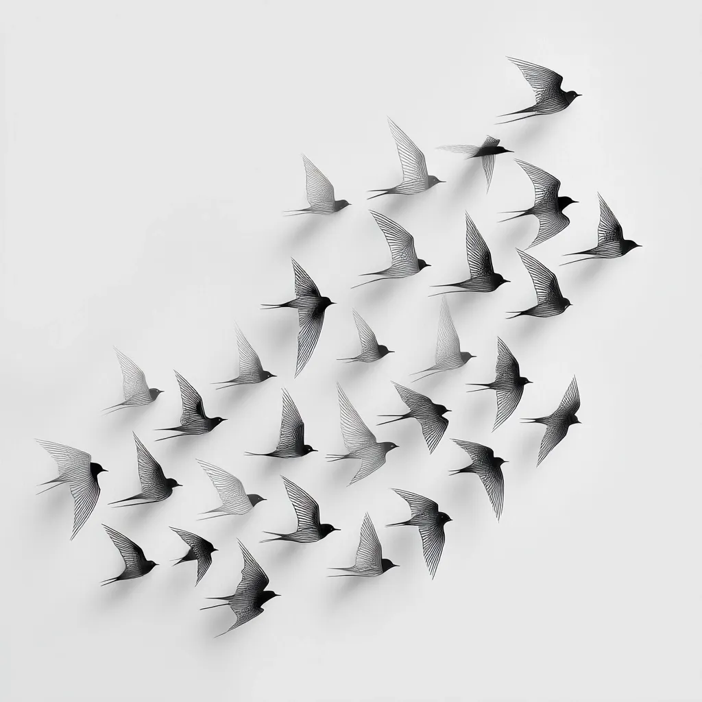 A flock of stylized black birds, rendered in a minimalist line art style, are depicted in flight against a light gray background.  The birds are arranged in a loose, dynamic formation, suggesting movement and freedom.  The monochromatic palette and simple design create a sense of elegance and tranquility. The birds appear to be layered, giving a sense of depth.