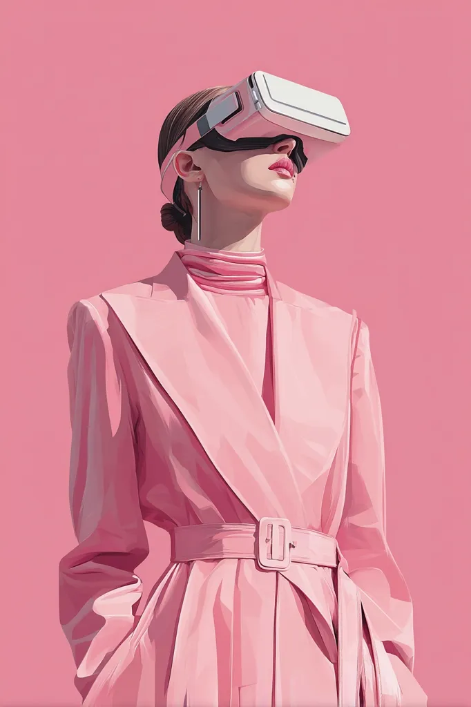 A stylized illustration depicts a woman in a pink trench coat, wearing a virtual reality headset.  Her pose is elegant, head tilted up slightly, suggesting immersion in a digital experience. The monochromatic pink palette and sharp lines create a modern, minimalist aesthetic, emphasizing the contrast between the physical and virtual worlds.  The image is clean and sophisticated.
