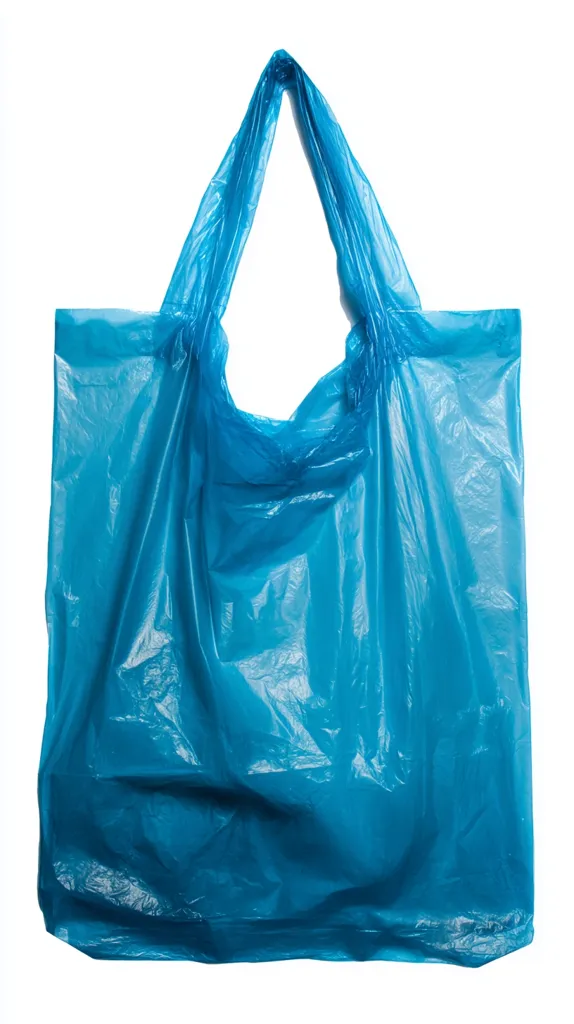 A bright turquoise plastic shopping bag hangs against a white background.  The bag is empty, and its thin material is slightly crumpled, showing its texture. The handles are twisted together at the top. The color is vivid and uniform across the bag.