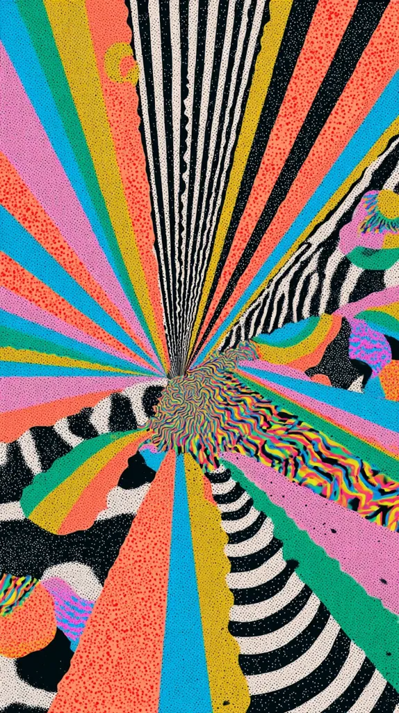 A vibrant, psychedelic artwork features a central vortex of swirling, multicolored patterns.  Radiating outwards are bold stripes in various bright colors, punctuated by dotted textures.  Black and white striped sections contrast with the intense hues, creating a dynamic and energetic composition that evokes a sense of movement and optical illusion.  The overall style is playful and reminiscent of 60s pop art.