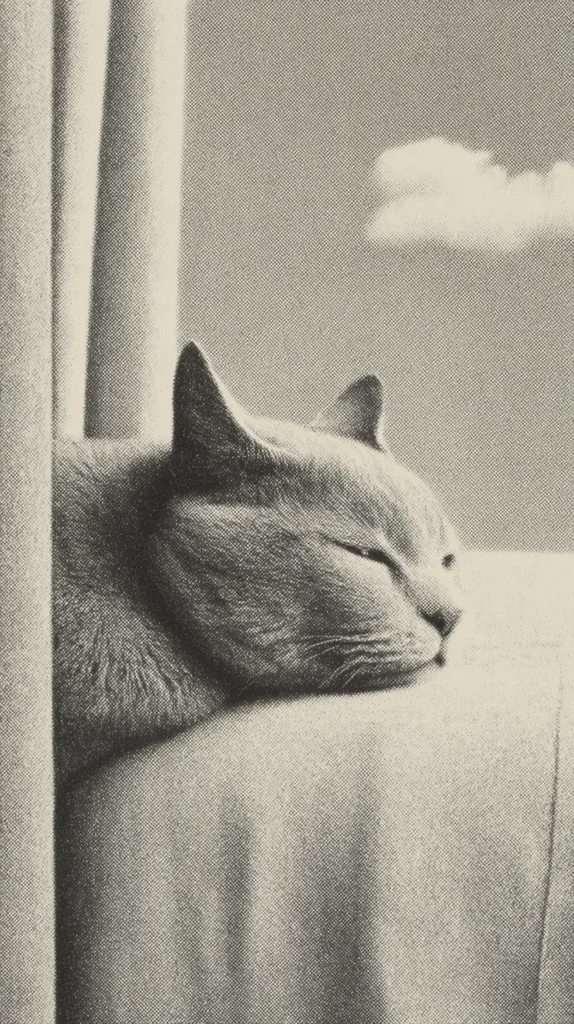 A grayscale image depicts a gray cat napping peacefully near a window.  The cat is curled up, its eyes closed, resting on a textured surface.  A muted, cloudy sky is visible through the window behind the cat, adding to the serene atmosphere. The image's texture suggests a print or drawing, creating a soft, almost dreamlike quality.