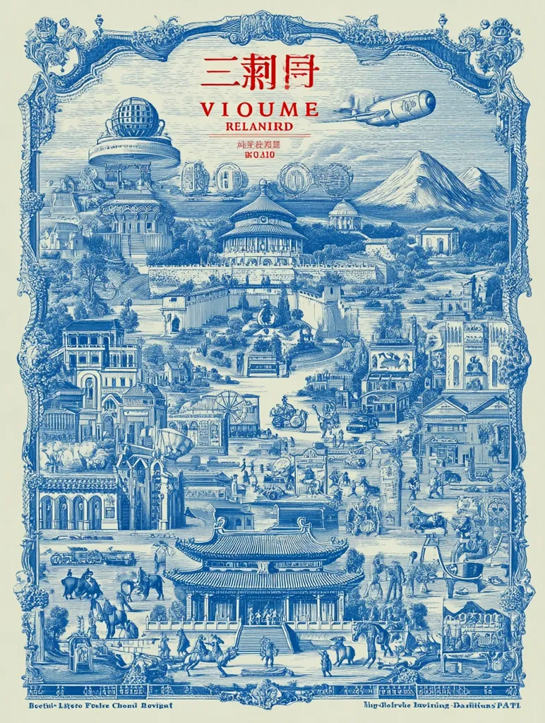 A detailed blue and white illustration, possibly album art, depicts a vibrant cityscape.  Chinese architecture blends with Western elements like a Ferris wheel and airship.  The title "VIOUME RELANIRD" and Chinese characters are prominently displayed. The design is ornate, reminiscent of vintage travel posters or antique maps, suggesting a fantastical or imagined place.  Numerous figures and carriages populate the meticulously rendered scene.