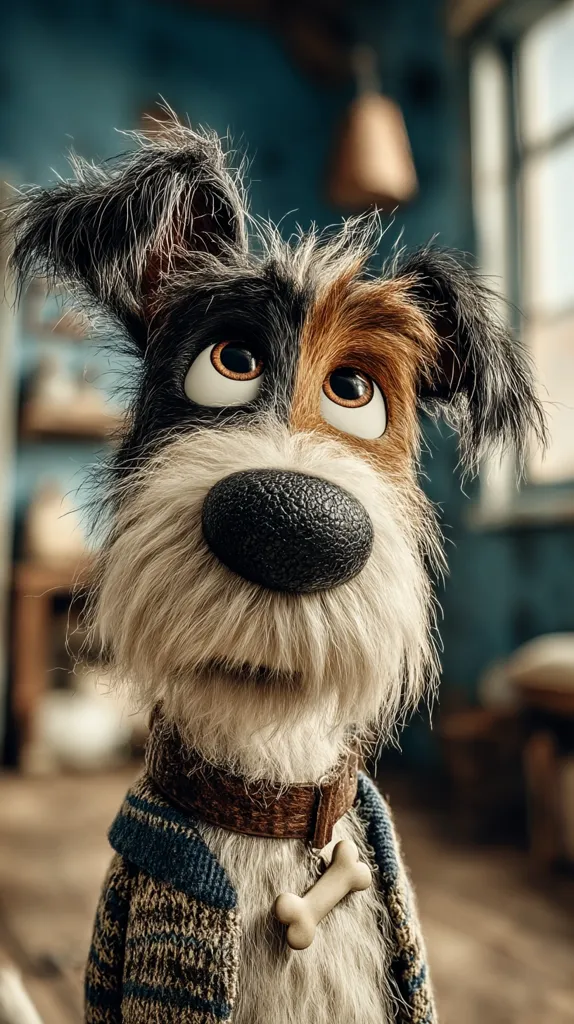 Close-up of a charming animated dog, possibly from a film.  The dog has a scruffy, tri-colored coat of black, white, and tan fur.  Its large, expressive eyes convey a curious or slightly apprehensive expression.  It wears a brown leather collar with a bone-shaped tag and a knitted sweater, adding to its endearing character. The background is blurred, suggesting an indoor setting.