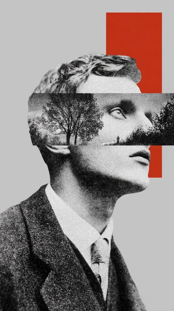 A monochrome portrait of a man in a suit is overlaid with a landscape featuring a lone tree and a distant figure.  The image is a surreal collage, with a bold red rectangle adding a contrasting element. The man's face is partially obscured, creating a sense of mystery and introspection, the landscape suggesting internal thoughts or memories. The textured style adds depth and visual interest.