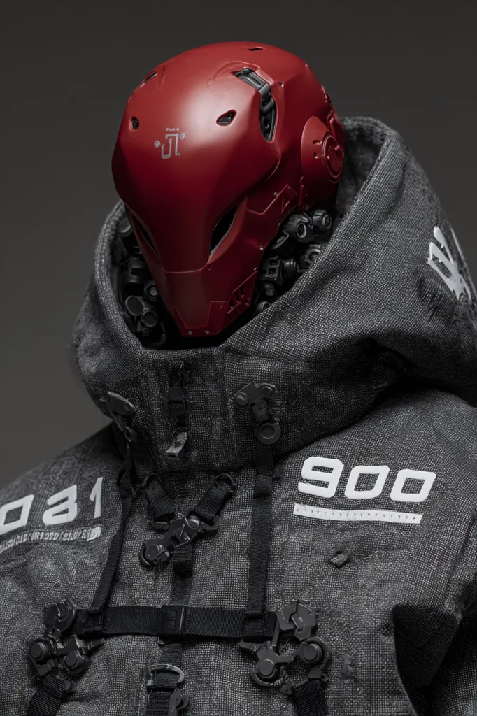 Close-up view of a futuristic robotic figure.  It wears a dark gray, heavily textured hooded jacket with straps and numbers "031" and "900" printed on it.  The robot's head is encased in a vibrant crimson helmet, featuring subtle design details. The overall aesthetic is cyberpunk-inspired, blending technological elements with a tactical, armored design.