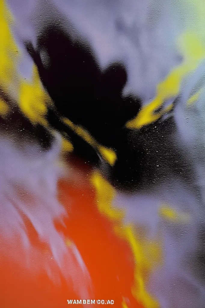 An abstract painting features a blend of vibrant colors.  Swirls of orange, yellow, and purple dominate the lower and upper portions, while a dark, almost black area occupies the center. The colors blend seamlessly, creating a hazy, ethereal effect.  The texture appears slightly grainy, suggesting a possible spray paint application. The overall impression is one of movement and energy.