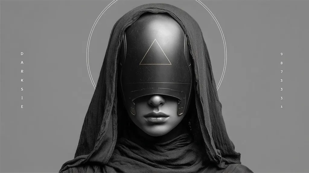 A grayscale image depicts a cloaked figure, their face obscured by a dark, triangular helmet.  The hood drapes dramatically, creating a mysterious and enigmatic atmosphere.  The word "DARKSIDE" is vertically aligned on the left, while a sequence of numbers appears on the right, enhancing the cryptic feel.  A subtle circular design frames the figure's head.  The overall aesthetic is dark, artistic, and evocative.
