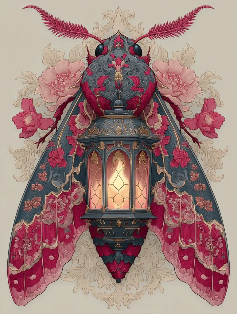 An ornate illustration depicts a moth whose body is intricately designed as an antique lantern, emitting a warm glow.  Its wings are adorned with crimson floral patterns, mirroring the surrounding baroque-style foliage. The color palette is rich with dark blues, deep reds, and gold accents, creating a luxurious and fantastical atmosphere. The overall style is reminiscent of Art Nouveau or Art Deco.