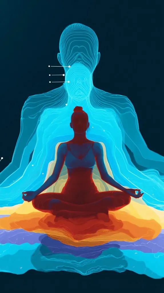 A stylized image depicts a woman in a meditative yoga pose.  She is rendered in warm tones, contrasting against a vibrant, layered, cool-toned background forming a translucent, anatomical human figure. The image suggests inner peace, energy flow, and a connection between the physical and spiritual realms. The artistic style blends realism with abstraction.
