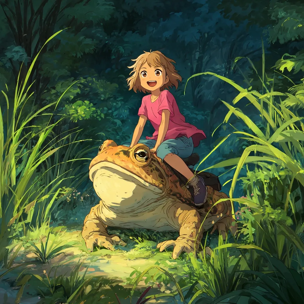 A young girl with short brown hair sits atop a large, friendly-looking toad in a lush green forest.  She's wearing a pink shirt and blue shorts, and has a joyful expression.  Sunlight filters through the leaves, illuminating the scene.  Tall grasses and foliage surround them, creating a whimsical and peaceful atmosphere. The toad appears calm and content, carrying its unusual passenger.