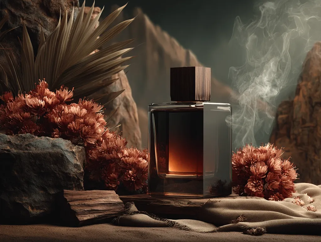 A dark amber perfume bottle with a wood cap sits on a rustic surface, amidst dried orange flowers and rocks.  A wisp of smoke rises from the bottle, suggesting the fragrance's scent. The overall aesthetic is moody and luxurious, with a desert or canyon-like backdrop enhancing the opulent feel.  Dried palm fronds add to the natural, earthy setting.