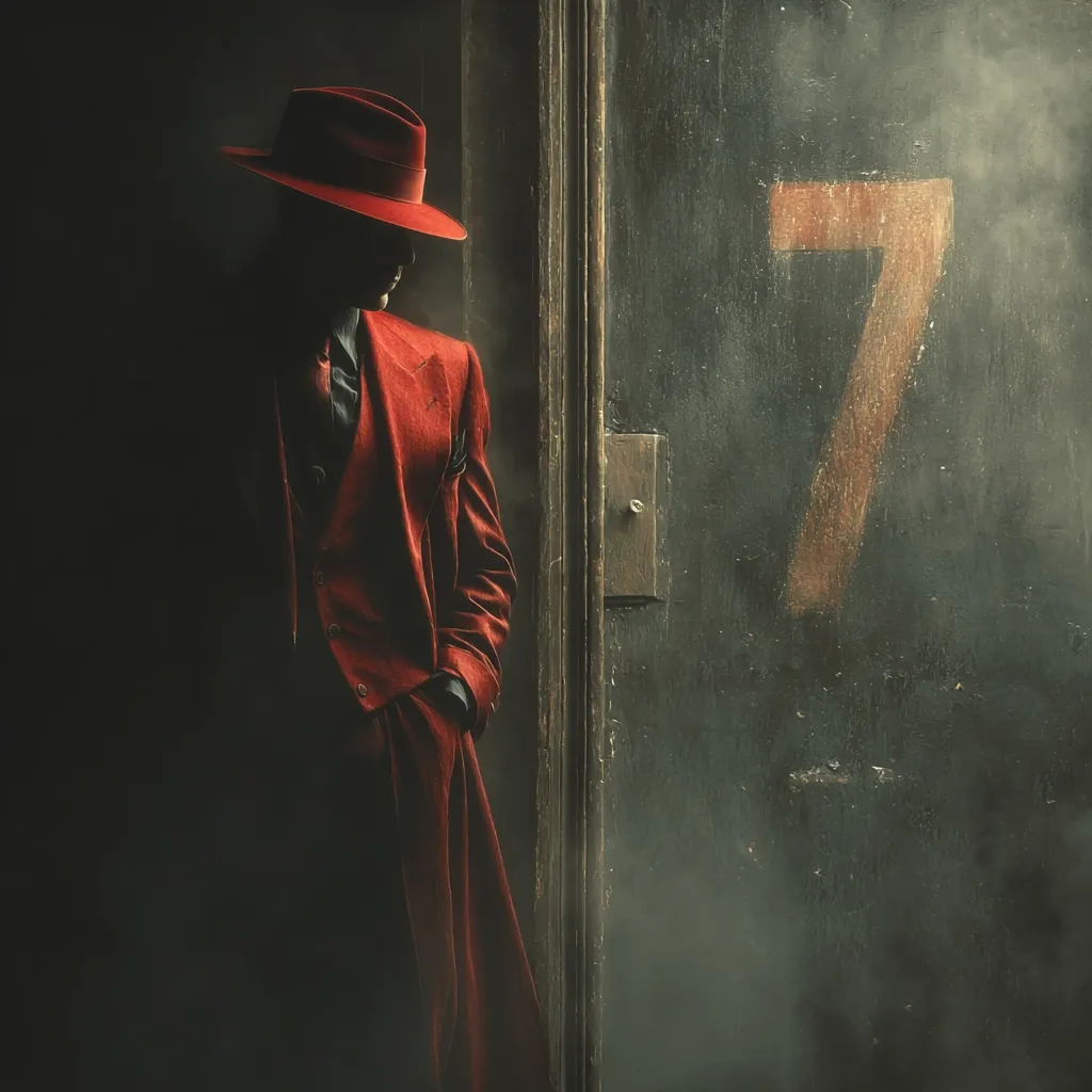 A man in a crimson suit and fedora stands subtly in a dimly lit doorway, the number seven faintly painted on the door behind him.  The scene is evocative of a 1920s gangster film, shrouded in mystery and atmosphere.  His posture suggests contemplation or a moment of quiet before action. The overall mood is dark and dramatic.