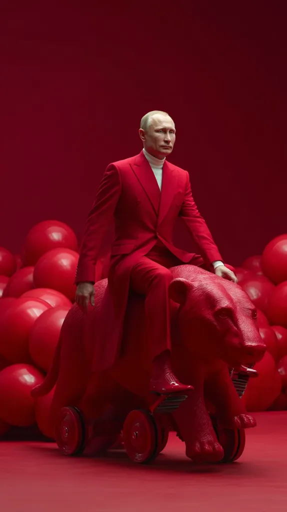 Vladimir Putin, in a vibrant red suit, sits atop a wheeled, red bear sculpture.  The scene is set against a backdrop of numerous red balloons, creating a monochromatic, surreal image.  The overall effect is striking and visually arresting, conveying a powerful yet unusual message.  Putin's expression is serious, adding to the image's enigmatic nature.