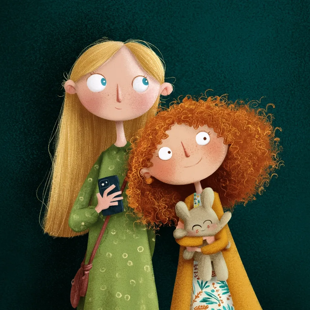 A charming illustration depicts two girls, one with long blonde hair and a green dress holding a phone, and the other with vibrant red curls and a mustard yellow coat hugging a plush bunny.  Their cheerful expressions and soft features create a warm and friendly atmosphere. The dark green background enhances their bright colors and playful demeanor.