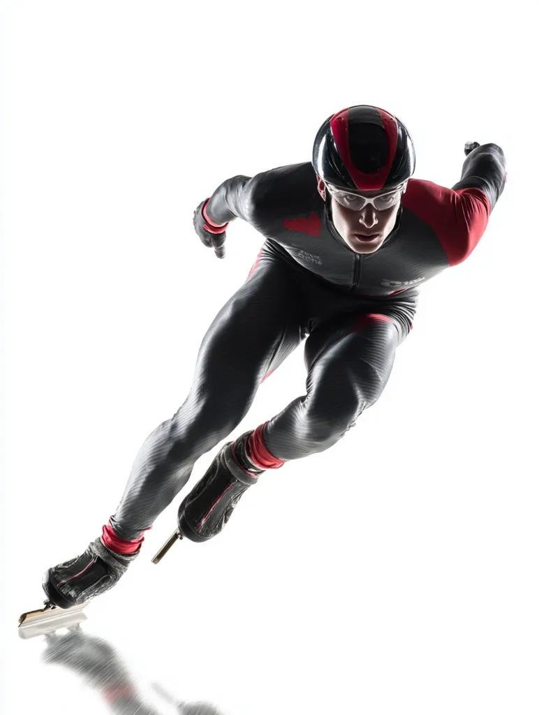 A speed skater, clad in a sleek black and red suit and helmet, is captured mid-stride against a stark white background.  The image is a dynamic silhouette, emphasizing the athlete's powerful motion and the speed of the sport. The focus is sharp, highlighting the details of the skater's equipment and determined expression. The overall composition conveys a sense of energy and athleticism.