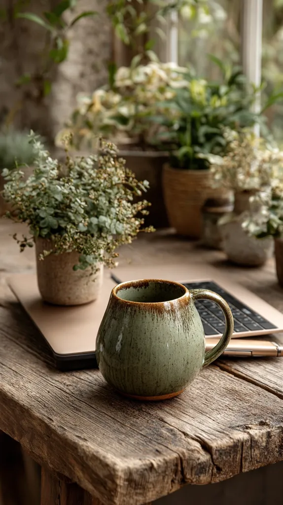 A rustic wooden table holds a sage green mug, a laptop, and several potted plants.  The plants, in varying sizes and types, create a lush, calming backdrop. The mug's earthy tones complement the wood and plants, suggesting a cozy, indoor workspace or relaxation area with a natural aesthetic.  The scene evokes feelings of tranquility and serenity.
