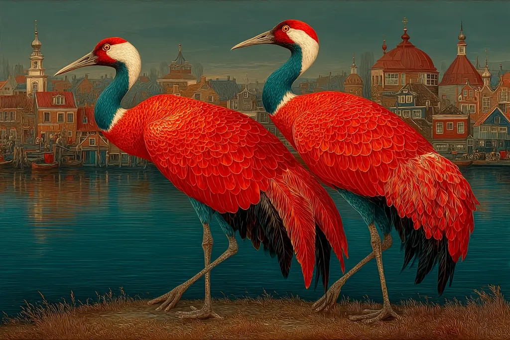Two vibrant red cranes with teal necks stand gracefully by a tranquil body of water.  A picturesque cityscape with historical-looking buildings and a church steeple forms a backdrop. The detailed painting showcases the birds' plumage and the serene atmosphere of the waterfront setting. The overall style suggests a blend of realism and artistic interpretation.