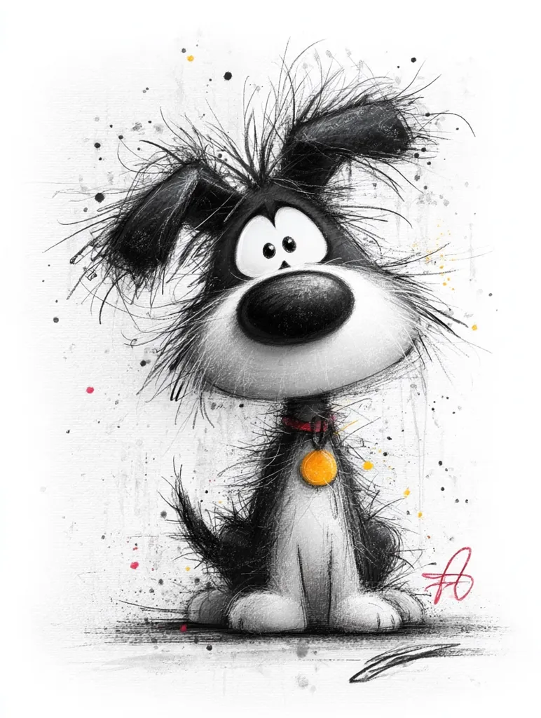 A whimsical black and white illustration of a scruffy dog.  The dog has large, expressive eyes and a mischievous grin. Its fur is wildly textured, and it wears a red collar with a gold tag.  The background is a textured white with splashes of color, adding to the artwork's playful and slightly chaotic energy. The artist's signature is subtly placed in the bottom right corner.
