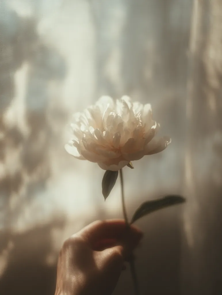 A delicate, creamy white peony is gently held in a hand, backlit by a soft, sunlit window. The blurred background of sheer curtains creates a dreamy, ethereal atmosphere. The image evokes a sense of peace and tranquility, emphasizing the beauty of the single bloom.  The warm light enhances the flower's delicate texture and soft petals.