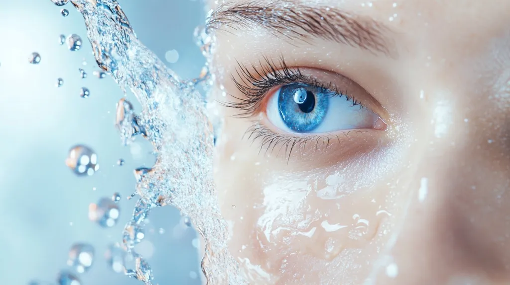 Close-up of a woman's eye and cheek, splashed with water.  The image showcases clear, vibrant blue eyes and dewy skin.  Water droplets and splashes are prominent, creating a refreshing and hydrating aesthetic. The focus is sharp on the eye and surrounding area, with a blurred background.  The overall impression is one of purity and natural beauty.