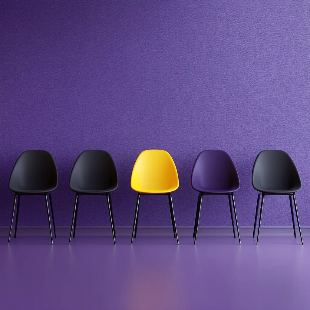 Five modern chairs are arranged in a row against a purple wall.  Two black chairs flank a vibrant yellow chair in the center, with another black chair on each side.  A purple chair sits between the central yellow chair and the rightmost black chair. The minimalist setup creates a striking visual contrast.