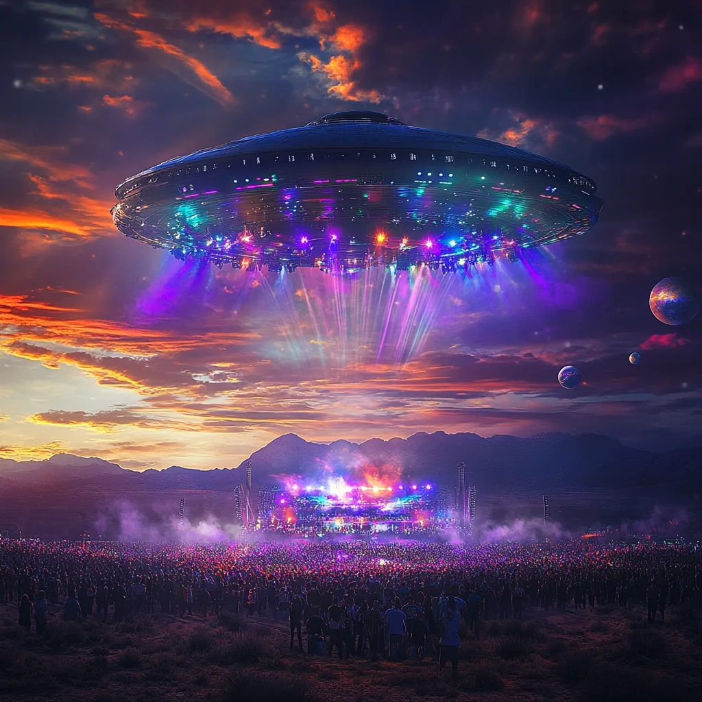 A vibrant, futuristic scene depicts a colossal UFO hovering above a massive outdoor concert.  The spaceship illuminates the crowd with dazzling, multicolored beams.  A dramatic sunset casts an orange and purple glow across the landscape, with planets visible in the twilight sky.  The overall aesthetic is surreal and otherworldly, blending science fiction with a concert setting.