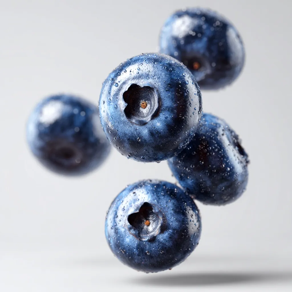Four plump blueberries, glistening with water droplets, float against a soft gray background.  The berries are vibrant blue, showcasing their natural texture and color. One blueberry is prominently featured in the center, with the others softly blurred in the foreground and background, creating a sense of motion and freshness.