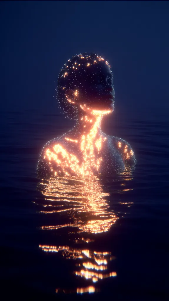 A digital rendering depicts a luminous, ethereal figure emerging from dark water.  The figure, resembling a human form, is composed of countless glowing particles, primarily orange and yellow, creating a sense of warmth and energy.  The dark water reflects the figure's light, mirroring its form in a shimmering, ethereal reflection. The overall aesthetic is surreal and dreamlike.