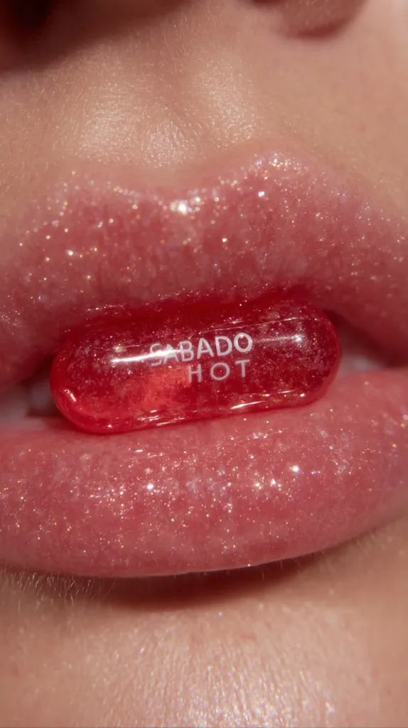 Close-up of a pair of glossy lips with a red, translucent capsule nestled between them.  The capsule is labeled "SABADO HOT". The lips are coated in shimmering, pink lip gloss, creating a sparkly and glamorous effect. The overall image is highly saturated and visually striking.