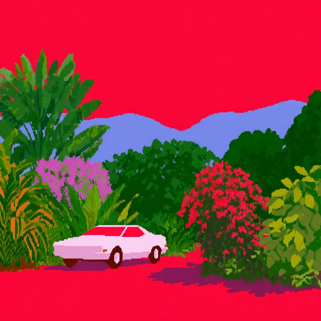 A vibrant, pixelated artwork depicts a white sports car parked amidst a lush tropical landscape.  Bright pink and red flowers contrast with deep green foliage and a bright red ground.  A simplified blue sky and distant hills form the backdrop, creating a bold and stylized scene. The overall aesthetic is reminiscent of 8-bit graphics with a striking color palette.