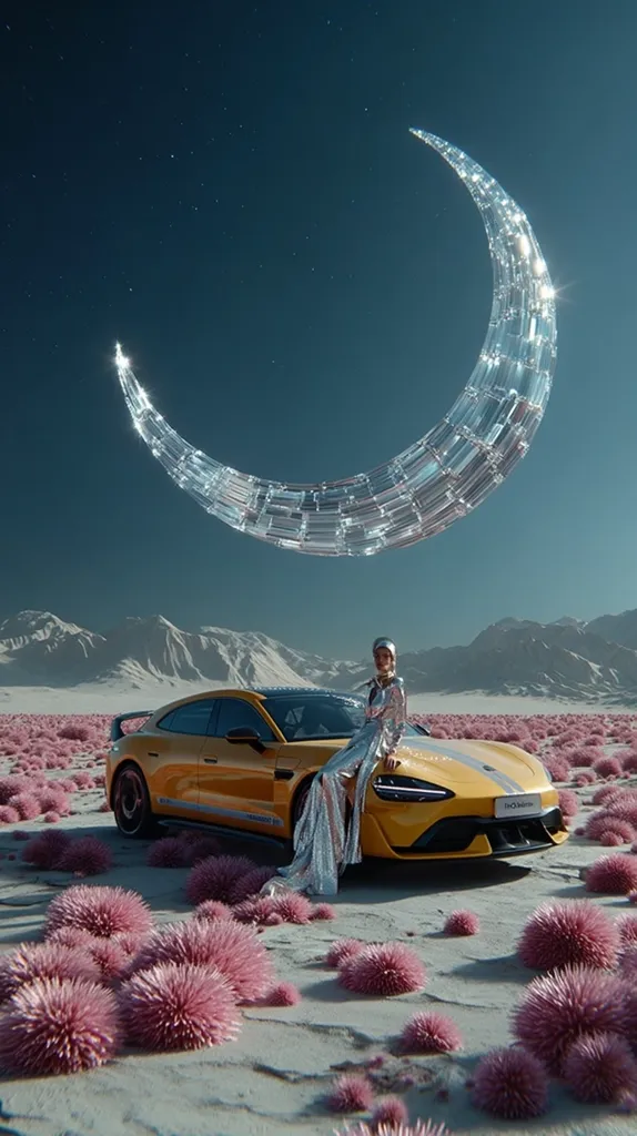 A futuristic scene depicts a woman in a silver, space-age jumpsuit sitting on a yellow sports car.  The car rests in a surreal landscape of pink, spiky plants under a large, crystalline crescent moon against a starry night sky.  Mountains are visible in the background, creating a dramatic, otherworldly atmosphere. The image is digitally rendered with a focus on sharp details and vibrant colors.