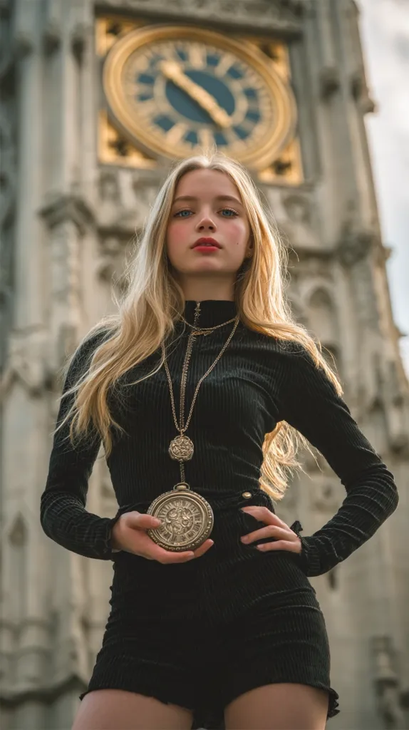 A blonde woman, wearing a black ribbed turtleneck and shorts, stands before a large clock tower.  She holds an antique pocket watch, its ornate face reflecting the light. The contrast between her modern attire and the historical backdrop creates a captivating image. Her serious expression adds intrigue, suggesting a story unfolding.