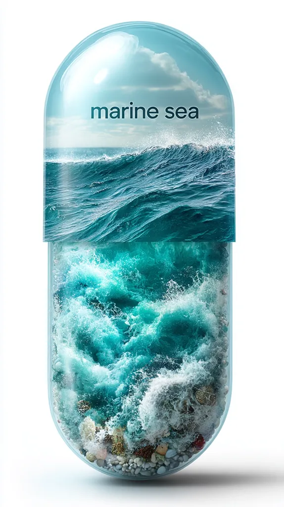 A large capsule is depicted, its transparent casing filled with a vibrant ocean scene.  The top half showcases calm waves under a cloudy sky, while the lower portion depicts crashing waves and a seabed teeming with rocks, shells, and coral. The words "marine sea" are printed across the upper section, suggesting a concept related to marine life or ocean conservation. The image is a striking visual metaphor.