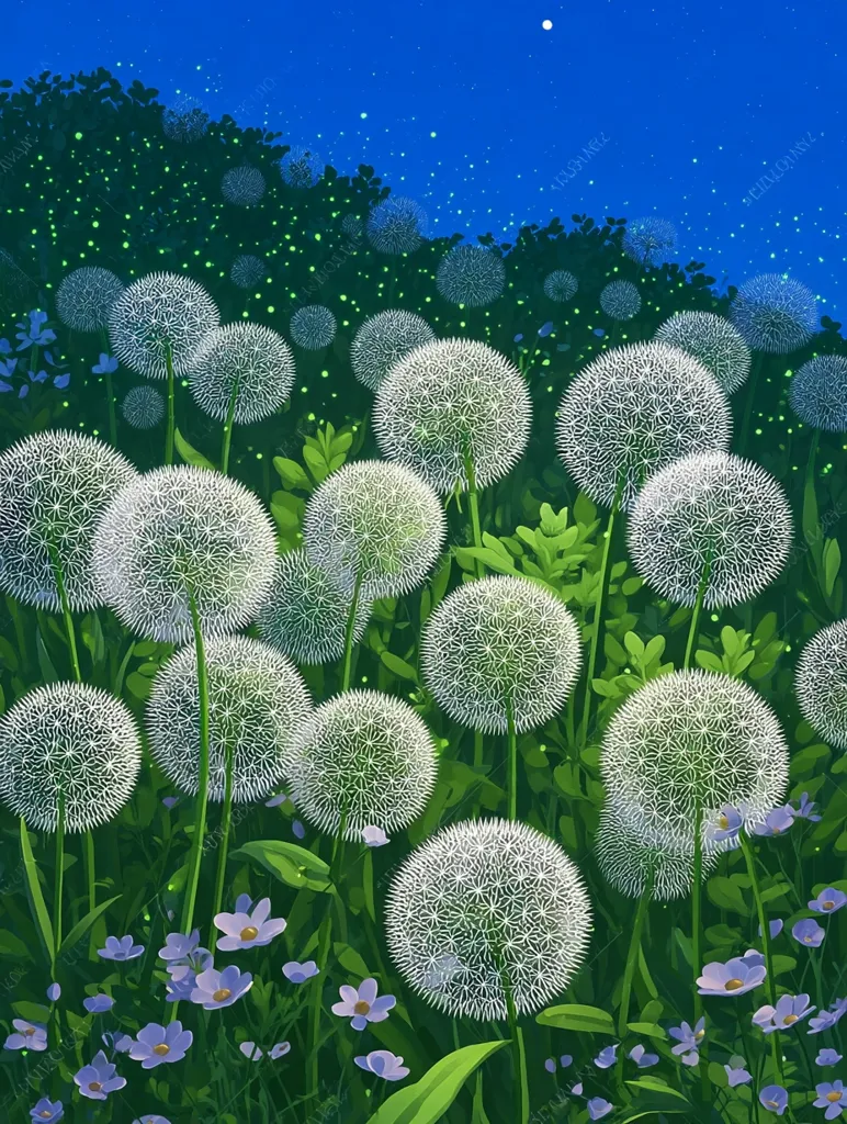 A digital illustration depicts a field of large, fluffy, white dandelion seed heads at night under a dark blue sky sprinkled with stars and fireflies.  Smaller purple flowers dot the lush green undergrowth. The scene is peaceful and serene, conveying a sense of magical realism. The dandelions are the focal point, their intricate detail highlighted against the darker background.