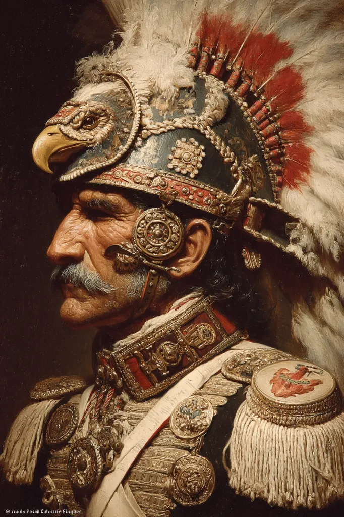 A close-up portrait showcases a man in ornate military attire. He wears an elaborate helmet adorned with feathers and an eagle motif, complemented by a richly decorated uniform with gold braid, medals, and epaulets.  His weathered face and prominent mustache add to the regal yet austere character of the subject, suggesting a high-ranking officer or historical figure. The painting's detail and rich colors highlight the textures of the fabrics and metals.
