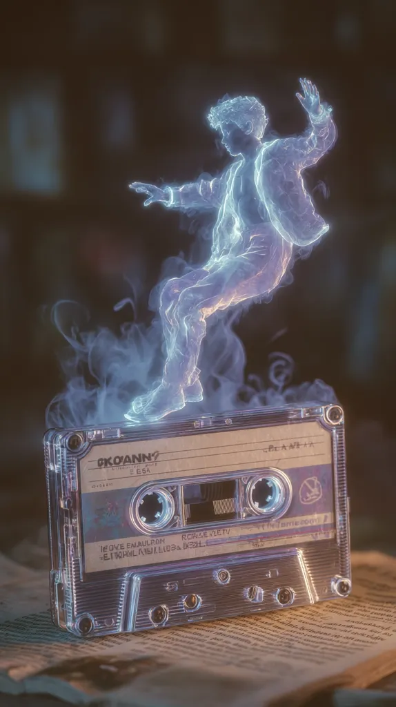 A translucent, ethereal figure of a person, seemingly made of smoke or energy, dances atop a vintage cassette tape. The figure is dynamic, its pose suggesting movement and freedom.  The cassette tape rests on aged, newsprint, adding a nostalgic feel to the futuristic image. The overall aesthetic is a blend of retro and sci-fi, with a dreamy, atmospheric quality.