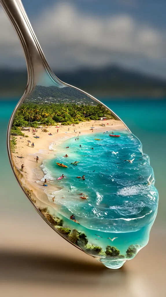 A spoon holds a miniature tropical beach scene.  The spoon's bowl is filled with a translucent resin, depicting a vibrant beach with turquoise water, palm trees, and people enjoying the sun and sea.  Waves lap the shore, and the scene extends to underwater coral. The background shows a blurred ocean and sky, creating a surreal and captivating image.