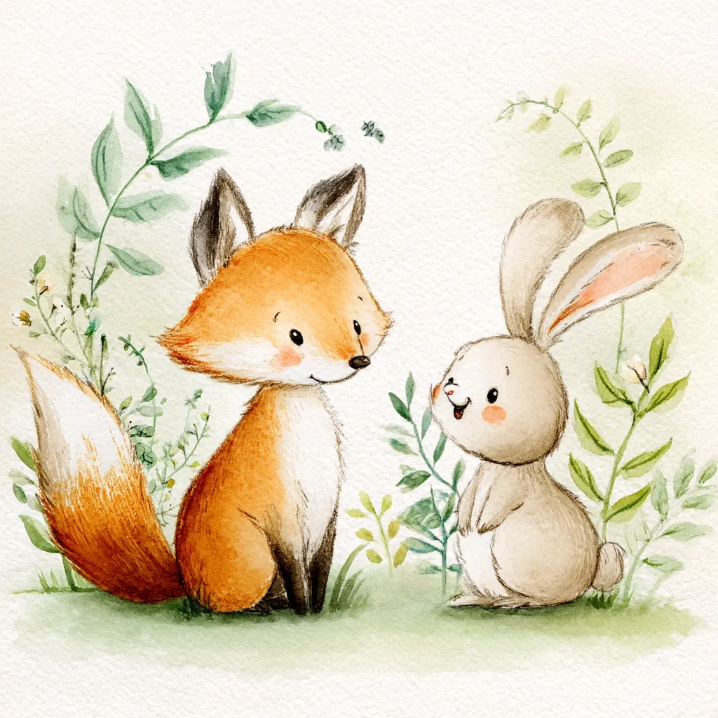A watercolor painting depicts a friendly fox and rabbit amidst lush greenery.  The fox, with its bushy tail and bright orange fur, sits attentively beside a sweet, light brown bunny. Delicate wildflowers and leaves surround the animals, creating a charming woodland scene. The art style is soft and whimsical, ideal for children's illustrations or nursery decor.
