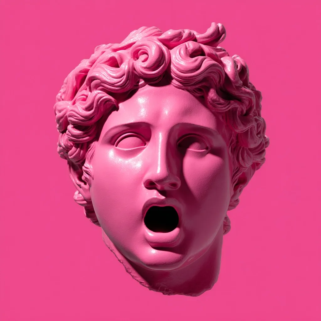 A vibrant pink classical bust, possibly depicting a young man, is presented against a matching pink background. The sculpture's mouth is agape in a dramatic expression, adding to its striking visual impact.  The bright, bold color contrasts with the traditional form of the sculpted head, creating a contemporary and eye-catching image.  The lighting emphasizes the texture and curves of the sculpture.