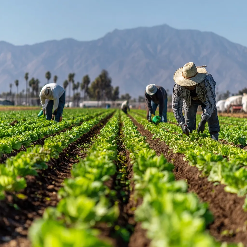 Farmworkers harvest lettuce in neat rows under a clear sky.  Rows of vibrant green lettuce stretch to the horizon, against a backdrop of distant mountains. The workers, wearing hats and long sleeves, bend over their tasks, illustrating the labor-intensive nature of agriculture.  The scene depicts a sunny day in a fertile agricultural region.